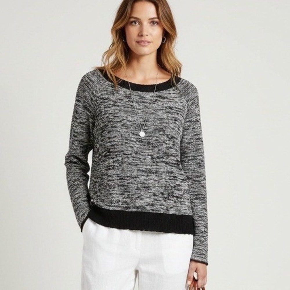 Eileen Fisher Womens M Sweater Linen Cotton Knit Textured Gray‎ Black Minimalist